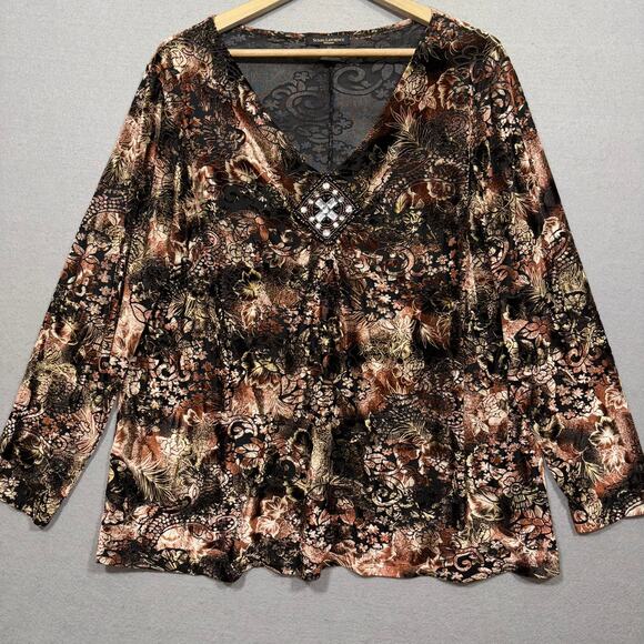 Susan Lawrence Velvet Blouse 2X Plus V-Neck Beaded Jeweled Boho Artsy Statement - Picture 1 of 6